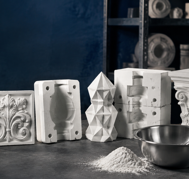 Premium casting studio with plaster reliefs, multi-part moulds, architectural ornament, a geometric gypsum casting, mixing bowl and white gypsum powder.