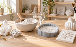 Natural gypsum crystals, plaster powder, water, a silicone mould and finished white plaster castings on a maker’s worktable.