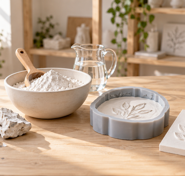 Natural gypsum crystals, plaster powder, water, a silicone mould and finished white plaster castings on a maker’s worktable.