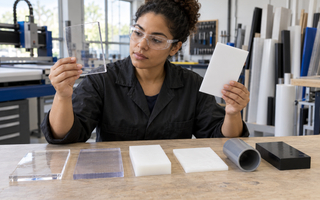 Woman comparing labelled samples of acrylic, polycarbonate, polyethylene and polypropylene