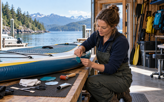 Woman repairing a puncture in a PVC inflatable SUP at a West Coast workshop