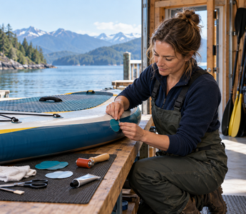 Woman repairing a puncture in a PVC inflatable SUP at a West Coast workshop