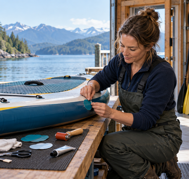 Woman repairing a puncture in a PVC inflatable SUP at a West Coast workshop