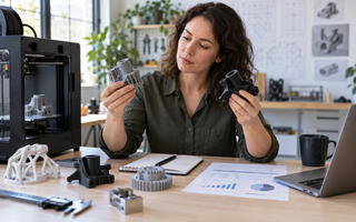Woman comparing an in-house 3D printer with professionally outsourced sample parts