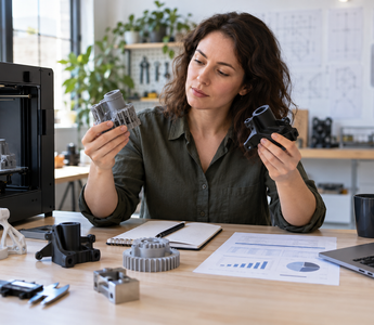 Woman comparing an in-house 3D printer with professionally outsourced sample parts
