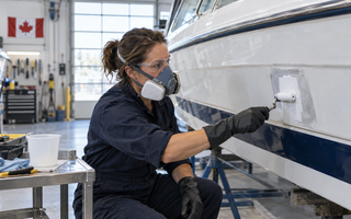 Woman marine technician applying white polyester gelcoat to a prepared fiberglass boat repair
