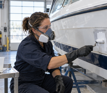 Woman marine technician applying white polyester gelcoat to a prepared fiberglass boat repair