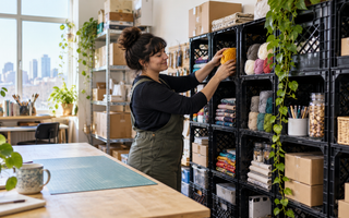 Woman organizing yarn and workshop supplies in heavy-duty reusable milk crates