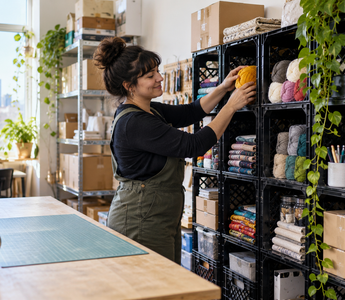 Woman organizing yarn and workshop supplies in heavy-duty reusable milk crates