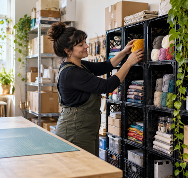 Woman organizing yarn and workshop supplies in heavy-duty reusable milk crates