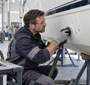 Marine repair technician sanding localized gelcoat blisters on a white fiberglass boat hull with dust extraction