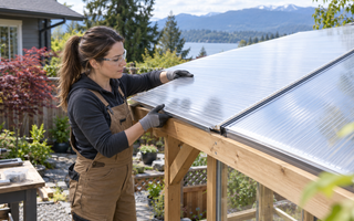 Female installer fitting clear multiwall polycarbonate roof panels to a timber greenhouse structure