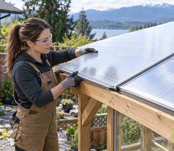 Female installer fitting clear multiwall polycarbonate roof panels to a timber greenhouse structure