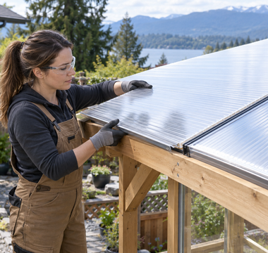 Female installer fitting clear multiwall polycarbonate roof panels to a timber greenhouse structure