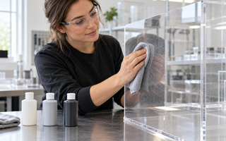 Woman polishing a clear acrylic panel with NOVUS plastic polish and a soft cloth
