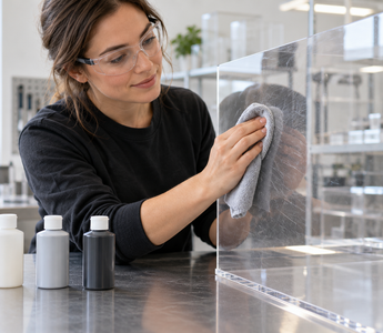 Woman polishing a clear acrylic panel with NOVUS plastic polish and a soft cloth