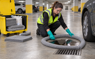 Woman using an absorbent sock and spill kit to contain a parking-lot fluid spill before it reaches a drain