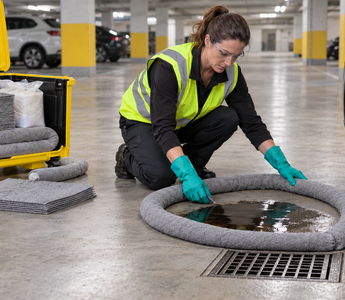 Woman using an absorbent sock and spill kit to contain a parking-lot fluid spill before it reaches a drain