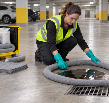 Woman using an absorbent sock and spill kit to contain a parking-lot fluid spill before it reaches a drain