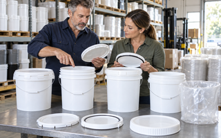 Woman comparing plastic pails, gasketed lids and tamper-evident closures in a warehouse