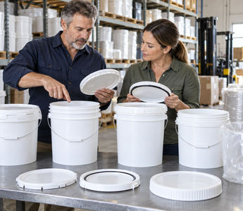 Woman comparing plastic pails, gasketed lids and tamper-evident closures in a warehouse