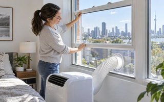 Woman fitting a clear acrylic portable air conditioner insert into a vertical sliding window