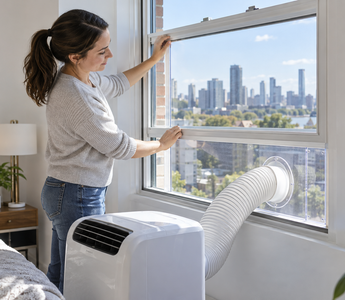 Woman fitting a clear acrylic portable air conditioner insert into a vertical sliding window
