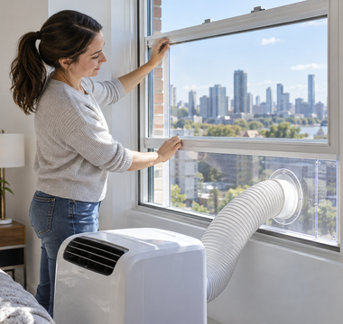 Woman fitting a clear acrylic portable air conditioner insert into a vertical sliding window