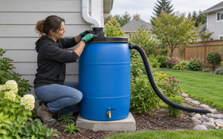 Woman installing a screened downspout diverter on a plastic-drum rain barrel beside a garden