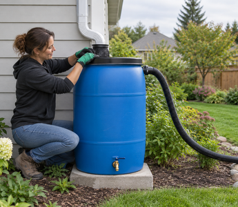 Woman installing a screened downspout diverter on a plastic-drum rain barrel beside a garden