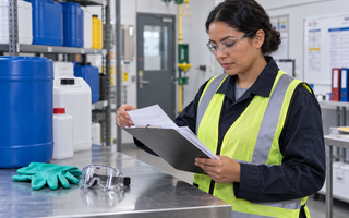 Woman reviewing a Safety Data Sheet beside labelled workplace chemical containers