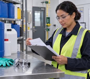 Woman reviewing a Safety Data Sheet beside labelled workplace chemical containers
