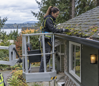 Woman inspecting moss on roof shingles from a secured ladder before treatment
