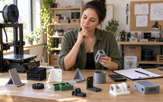 Woman reviewing a 3D printer purchase checklist beside functional printed parts