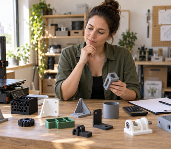 Woman reviewing a 3D printer purchase checklist beside functional printed parts