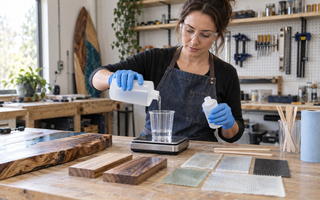 Woman accurately mixing two-part epoxy resin at a clean workshop bench