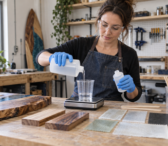 Woman accurately mixing two-part epoxy resin at a clean workshop bench