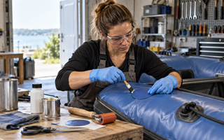 Woman wearing gloves and eye protection applying a vinyl patch to an inflatable boat