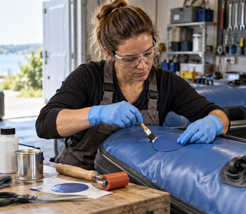 Woman wearing gloves and eye protection applying a vinyl patch to an inflatable boat