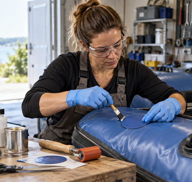Woman wearing gloves and eye protection applying a vinyl patch to an inflatable boat