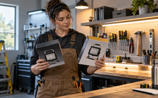 Woman comparing LED fixture labels showing lumens, watts, colour temperature and efficacy