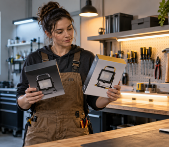 Woman comparing LED fixture labels showing lumens, watts, colour temperature and efficacy
