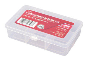 Clear 6-compartment storage box with a red label on a white background