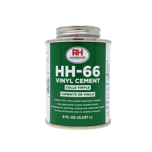 An 8 ounce can of HH-66 Vinyl Cement by RH Adhesives with product details and branding visible.