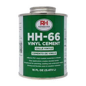A 16 ounce can of HH-66 Vinyl Cement by RH Adhesives with product details and branding visible.