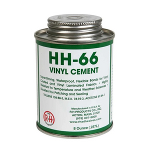 An 8 ounce can of HH-66 Vinyl Cement by RH Adhesives with product details and branding visible.