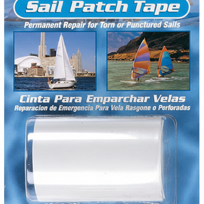 Packaged sail patch tape with images of sailboats on a blue background