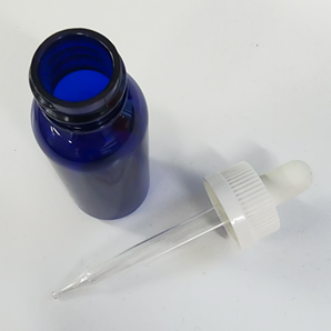 blue dropper bottle with white lid