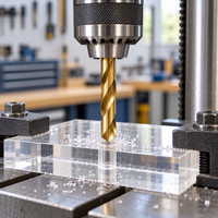 Single gold Norseman 183-AG acrylic drill bit drilling clear acrylic in a drill press