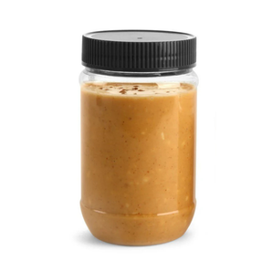 Jar of peanut butter with a black lid